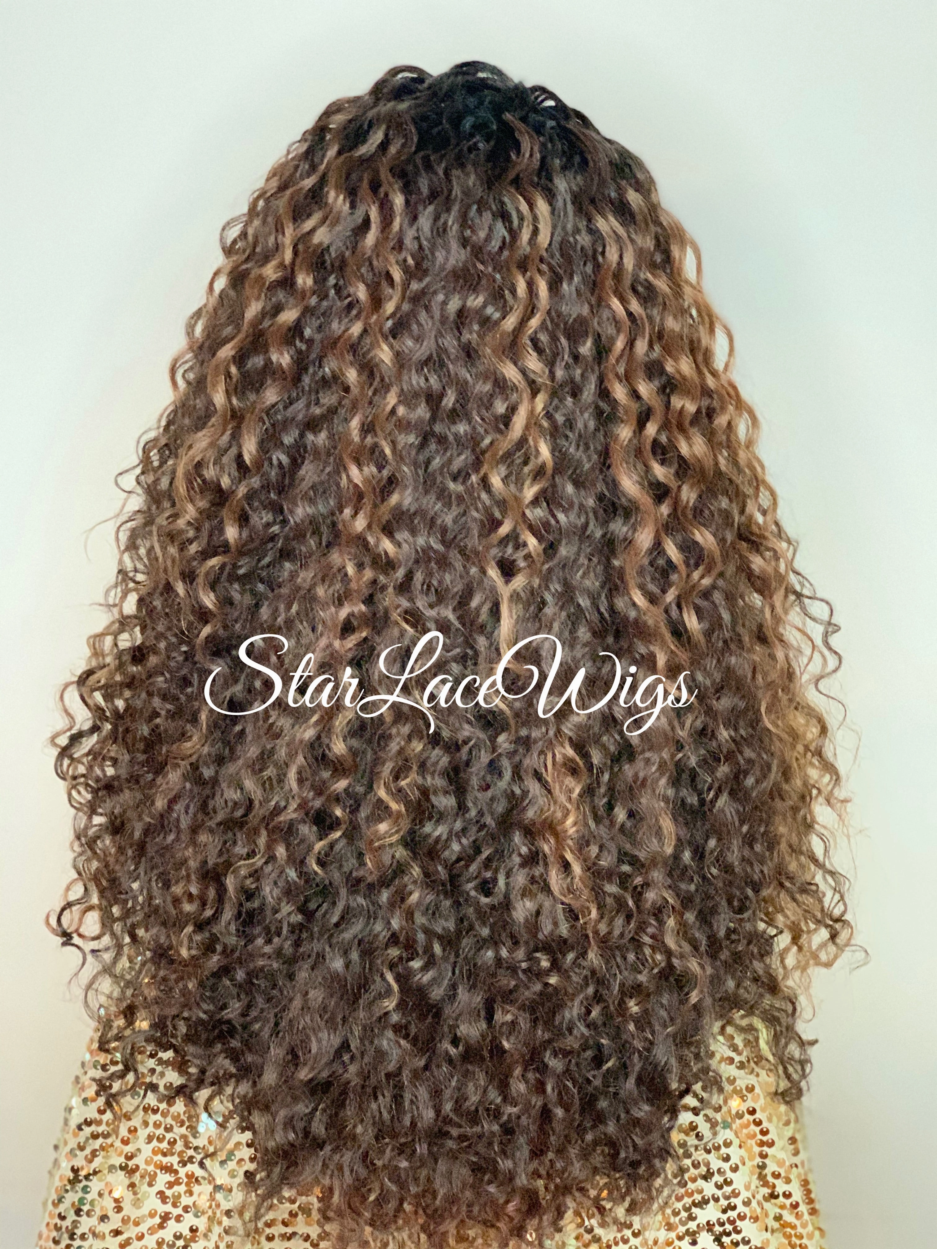 Synthetic Lace Front Wig Brown Highlights Dark Roots Long Curly - Farrah