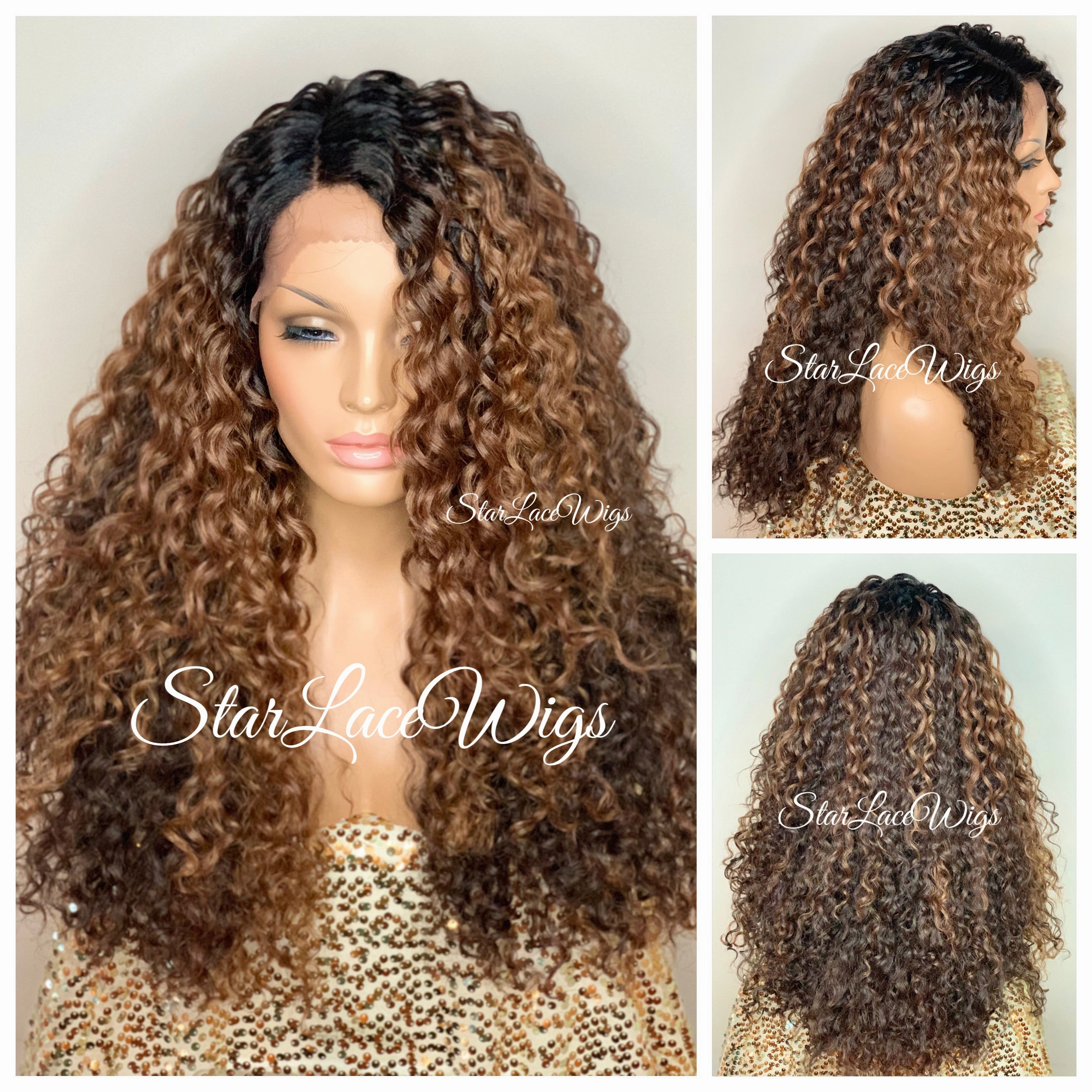 Synthetic Lace Front Wig Brown Highlights Dark Roots Long Curly - Farrah