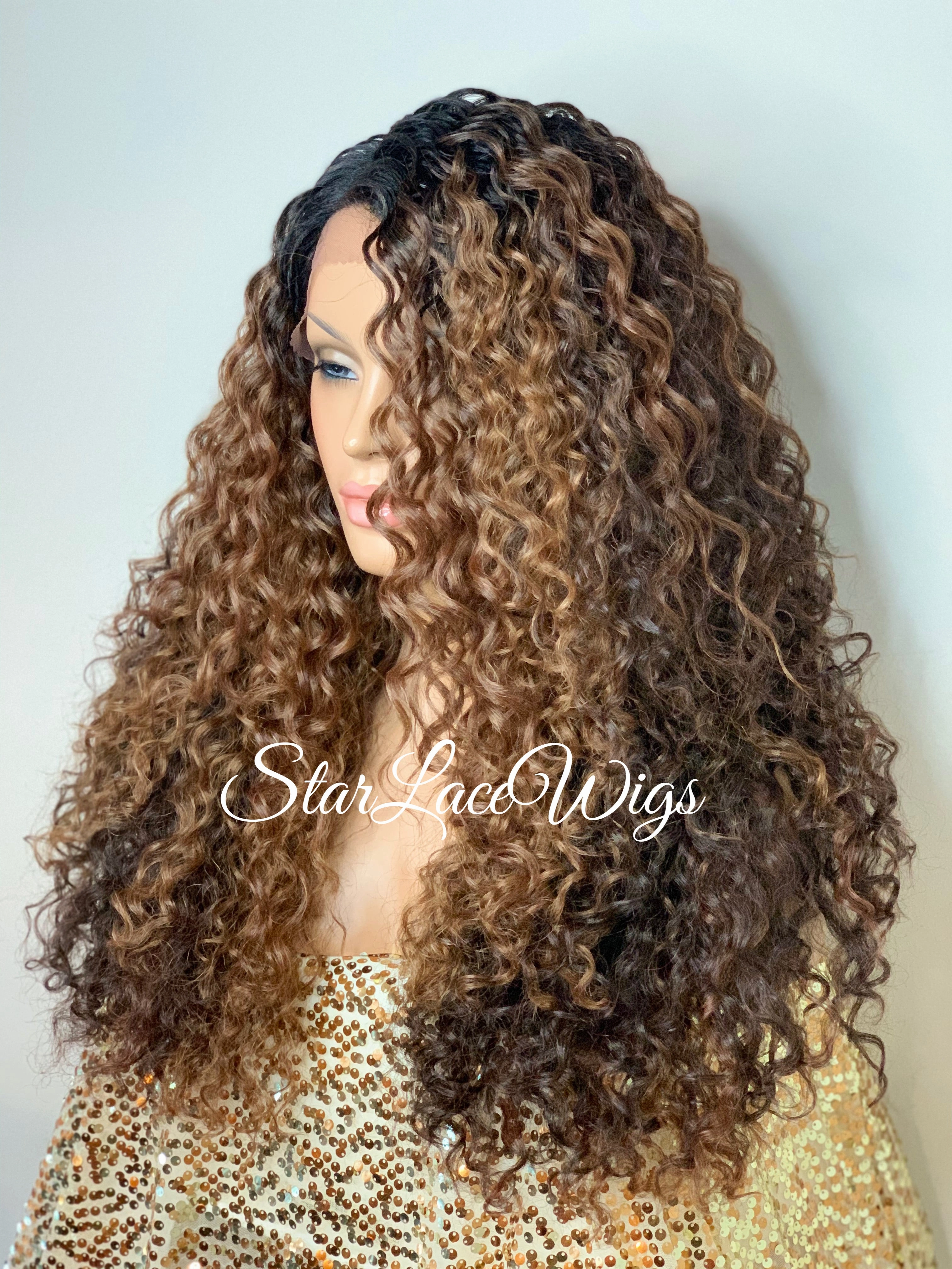Synthetic Lace Front Wig Brown Highlights Dark Roots Long Curly - Farrah