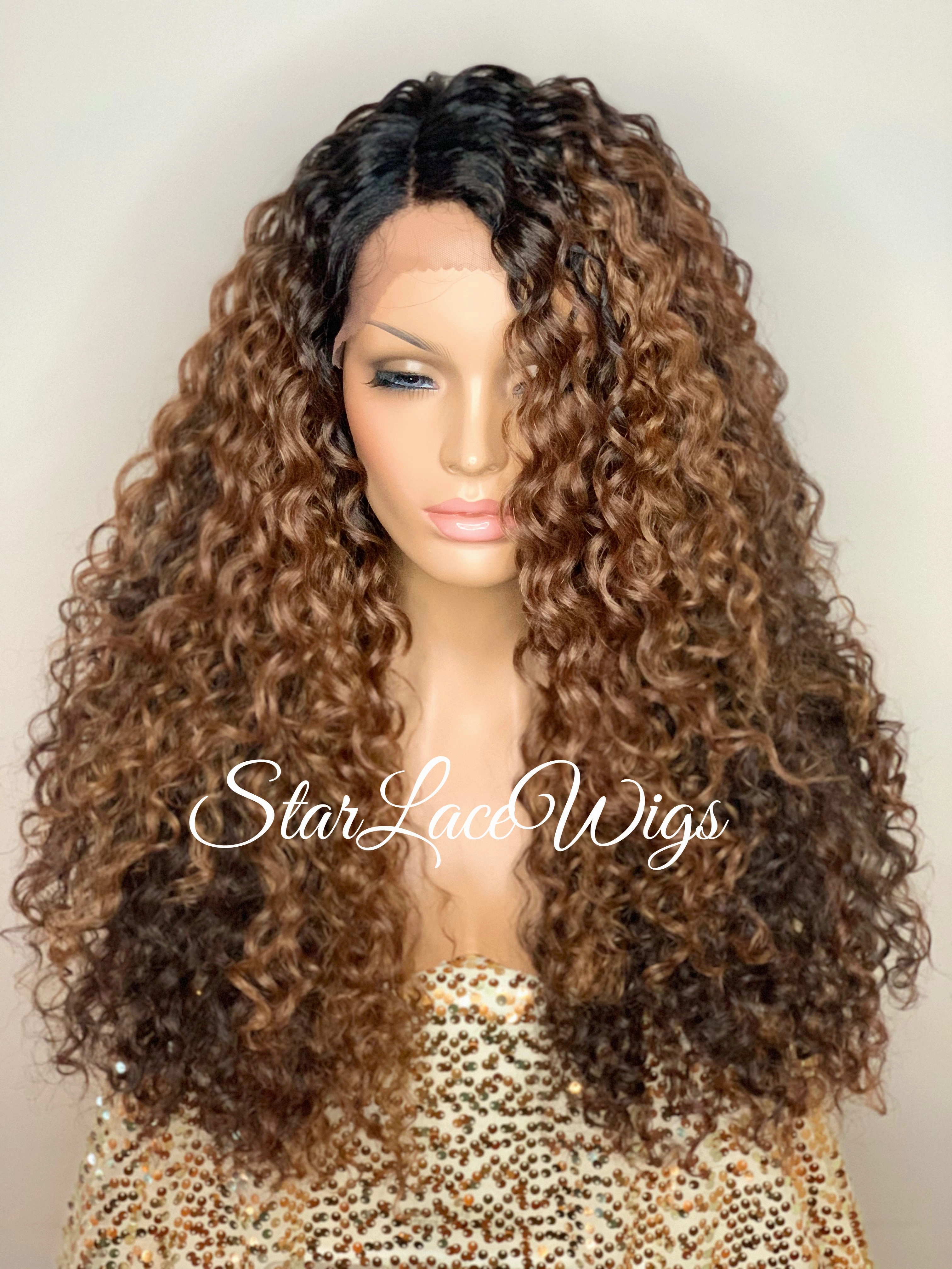 Synthetic Lace Front Wig Brown Highlights Dark Roots Long Curly - Farrah