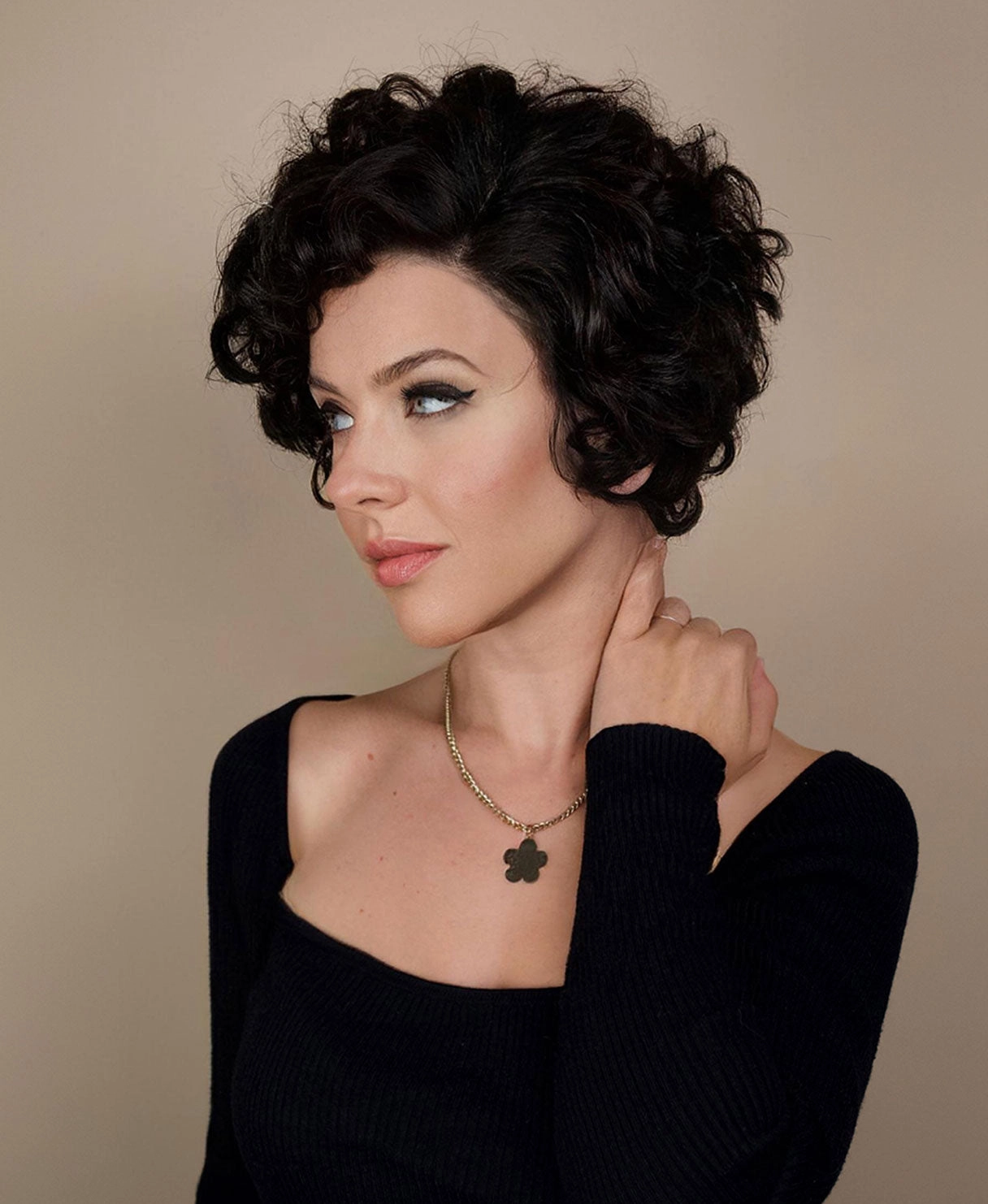 t-part curly human wig - 6" natural black.