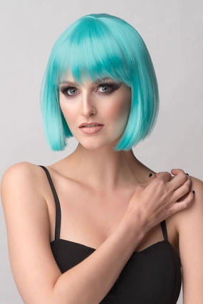 Turquoise bob wig  with full fringe: Iris