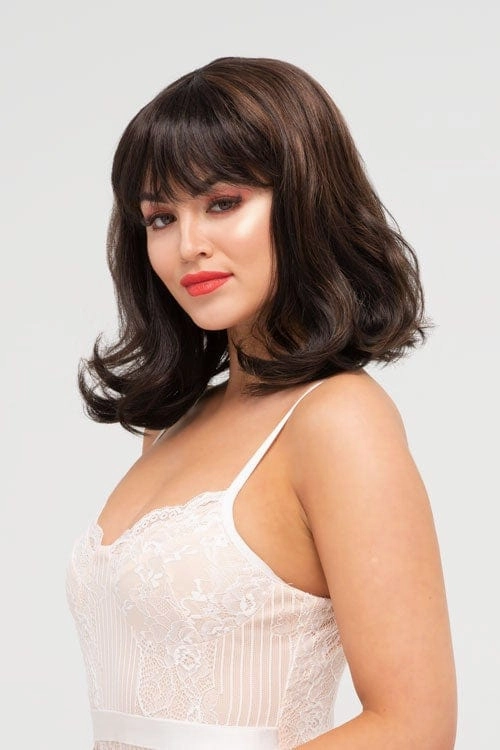Two tone brown long bob wig with flicked tips: Sheridan