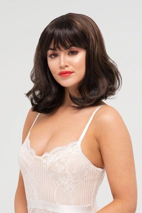 Two tone brown long bob wig with flicked tips: Sheridan