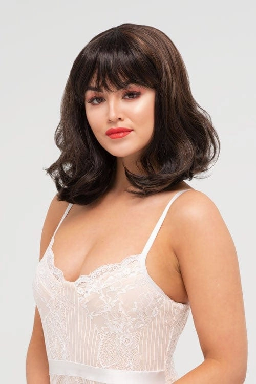 Two tone brown long bob wig with flicked tips: Sheridan