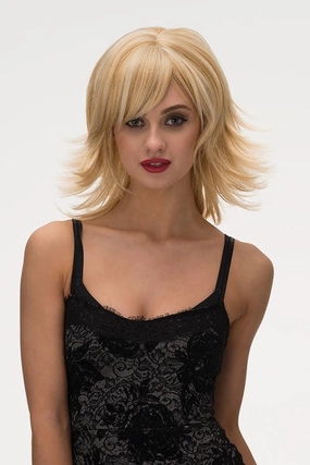 Warm blonde wig with flicked tips: Mary