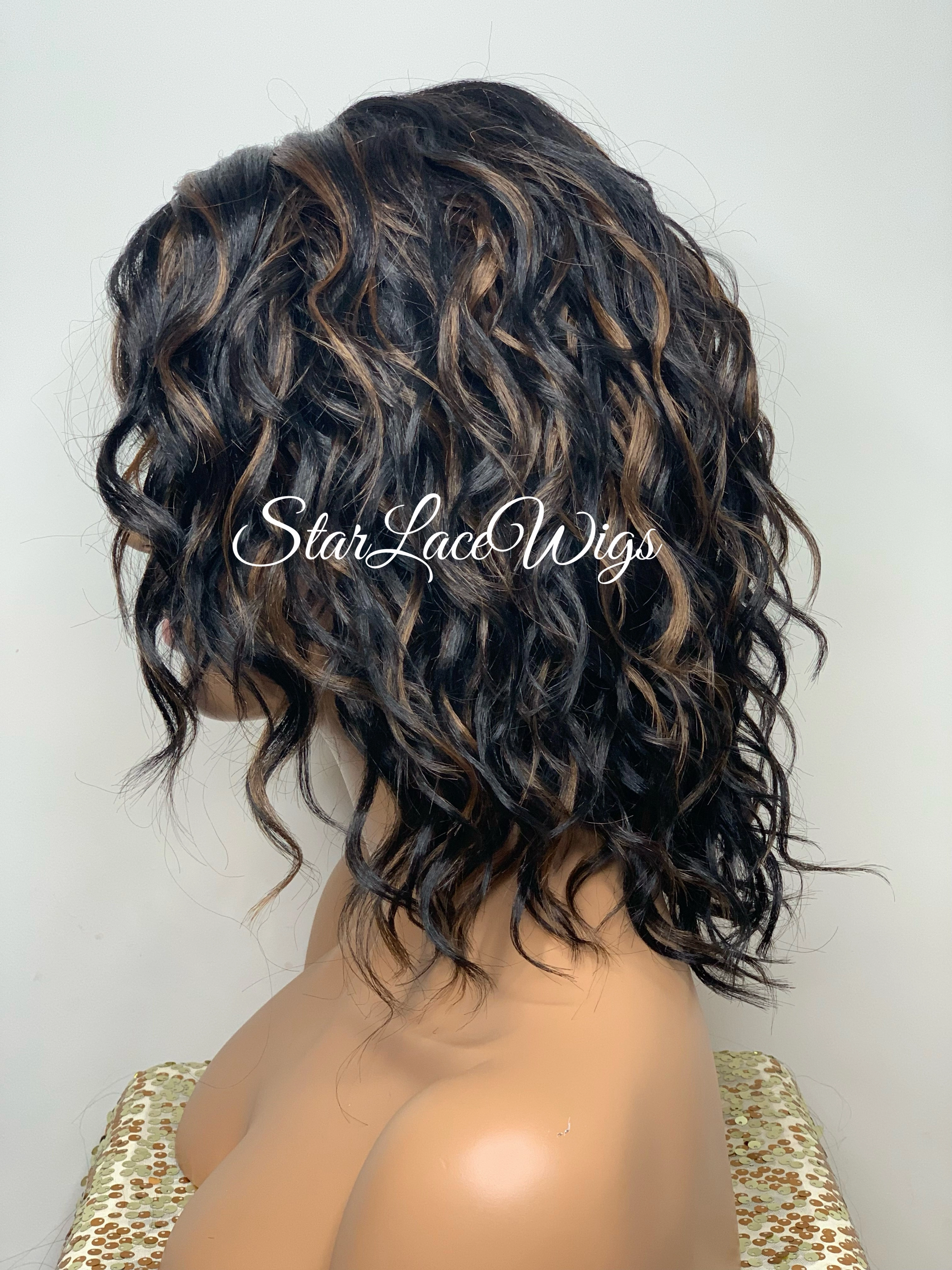 Wavy Bob Wig With Bangs Lace Front Side Part #1b Highlights #30 - Kendall