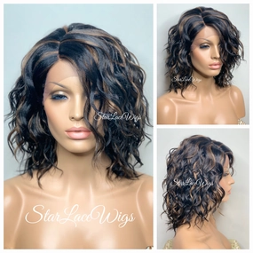 Wavy Bob Wig With Bangs Lace Front Side Part #1b Highlights #30 - Kendall