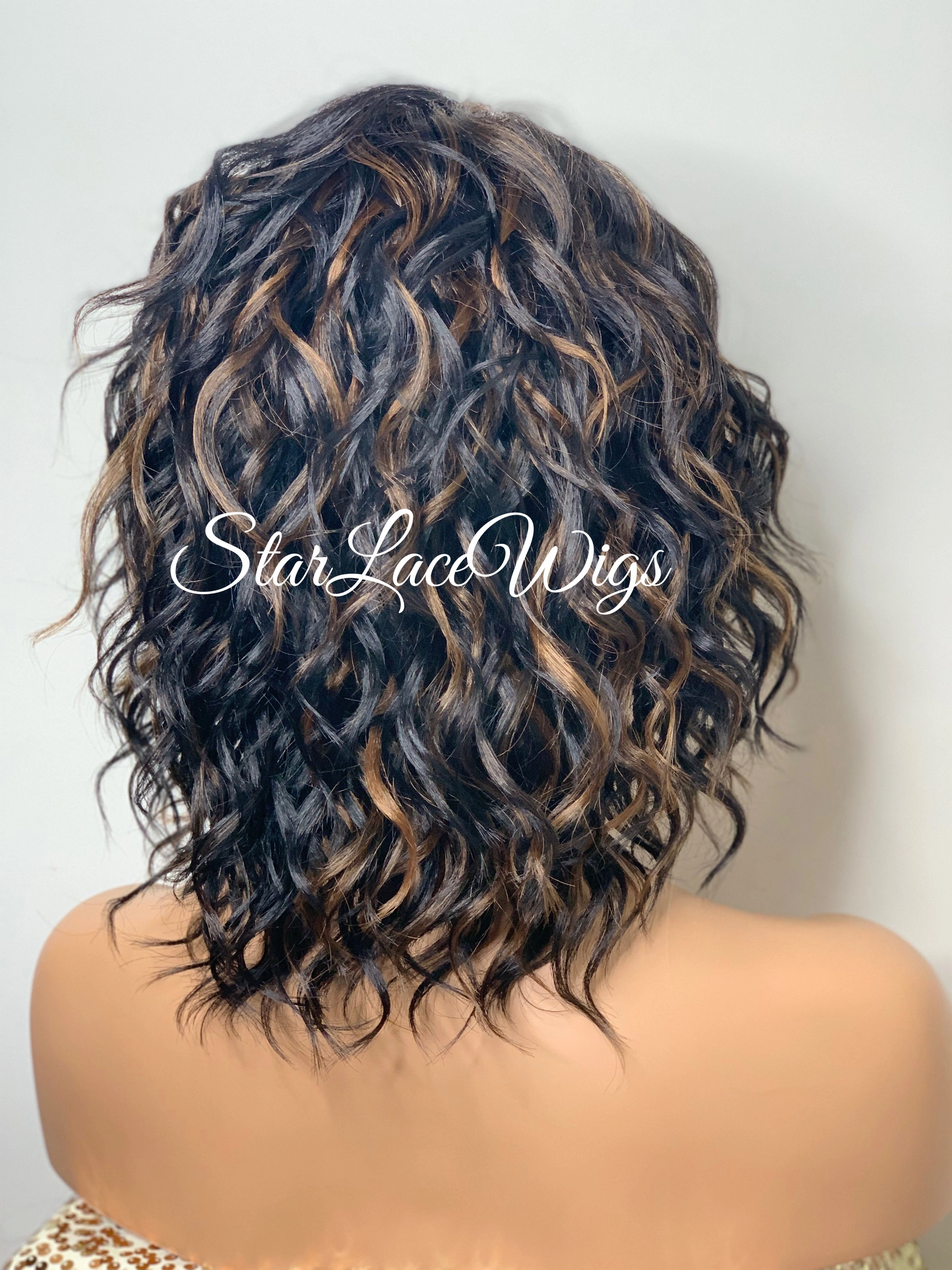 Wavy Bob Wig With Bangs Lace Front Side Part #1b Highlights #30 - Kendall