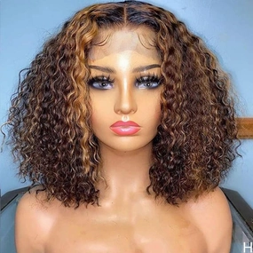 Wear and Go Glueless Wigs Short Ombre Highlight Culry Bob Wig Beginner Friendly Deep Parting Wig