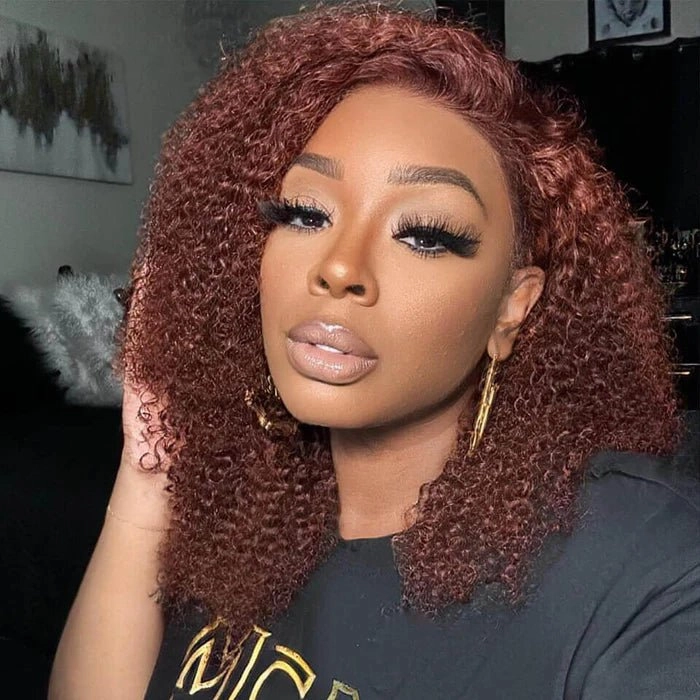 Wear Go Glueless Reddish Brown Kinky Curly Lace Front Wig 180% Density Breathable Wig-Geeta Hair
