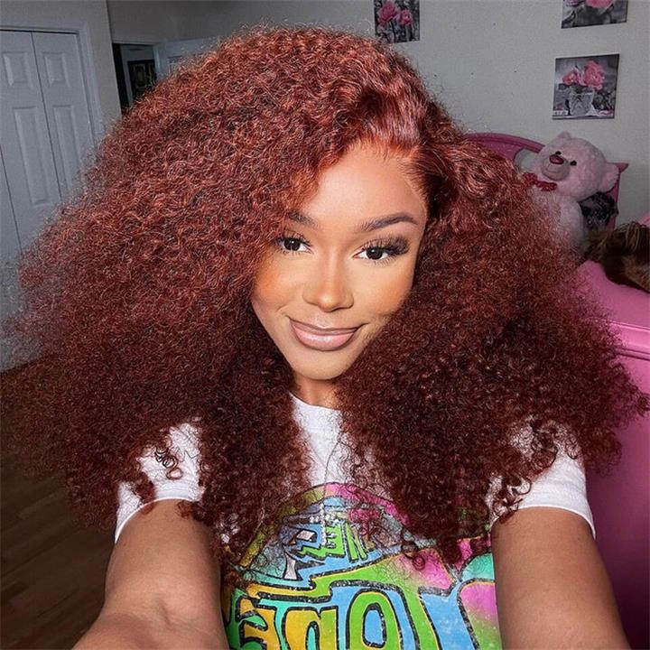 Wear Go Glueless Reddish Brown Kinky Curly Lace Front Wig 180% Density Breathable Wig-Geeta Hair