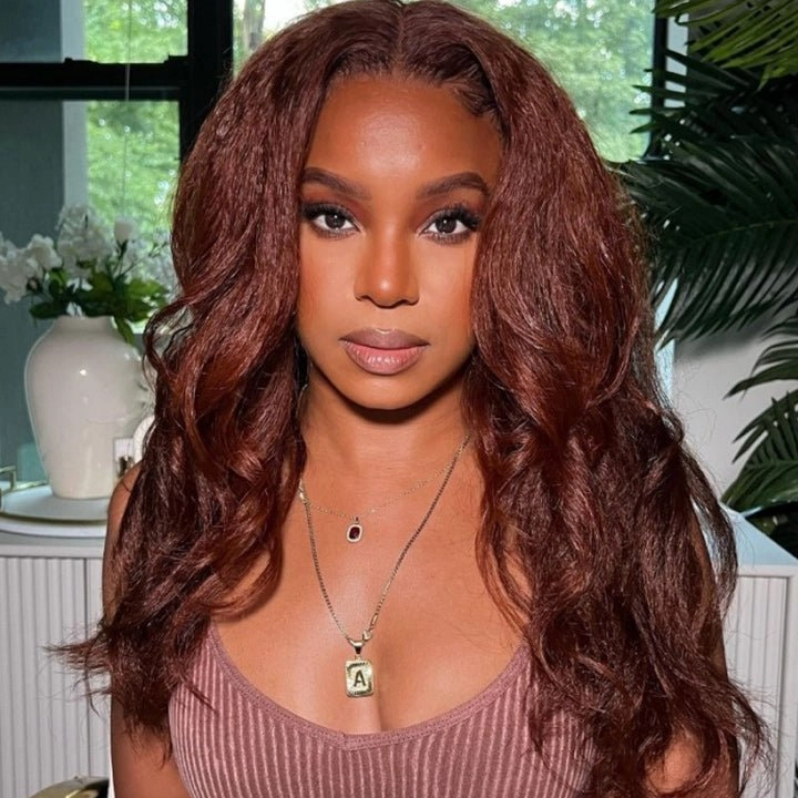 Wear Go Glueless Reddish Brown Kinky Straight 6x5 Pre Cut Lace Human Hair Wigs 180% Density