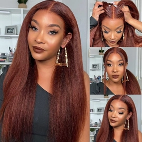 Wear Go Glueless Reddish Brown Kinky Straight 6x5 Pre Cut Lace Human Hair Wigs 180% Density