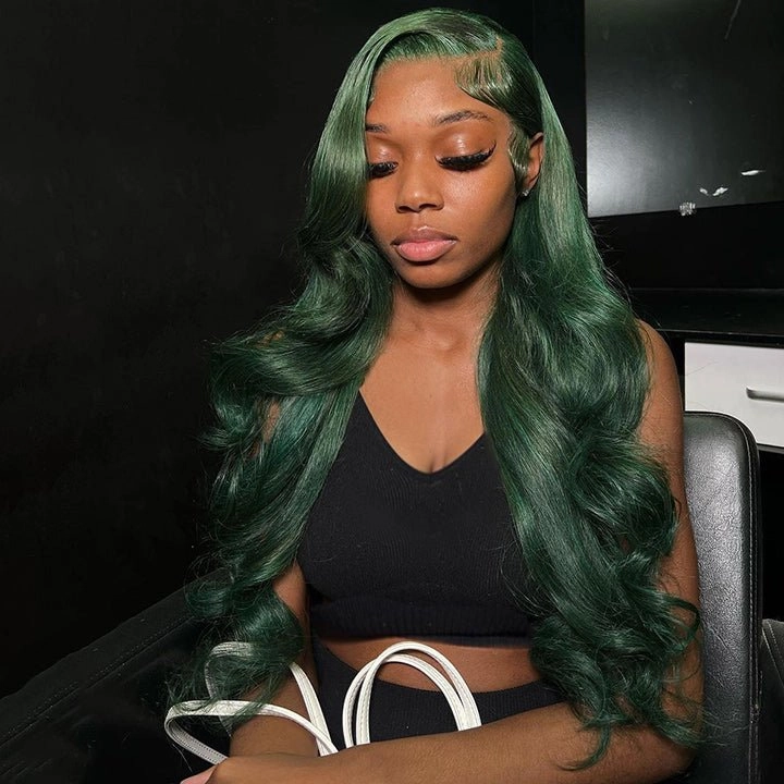 Xmas Sale Dark Green Body Wave HD Lace Wig Blackish Green Pre Plucked Human Hair Wigs