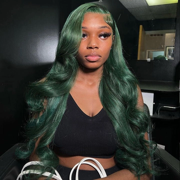 Xmas Sale Dark Green Body Wave HD Lace Wig Blackish Green Pre Plucked Human Hair Wigs